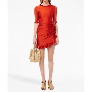 Paco Rabanne Asymmetric Flamenco Mini Dress Size 38 US 6 Stretch Ruffle Paprika